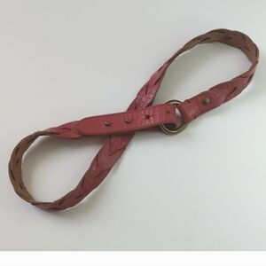 Fossil Bohemian Floral Embossed Braided Genuine Leather Loop Belt Coral Pink S